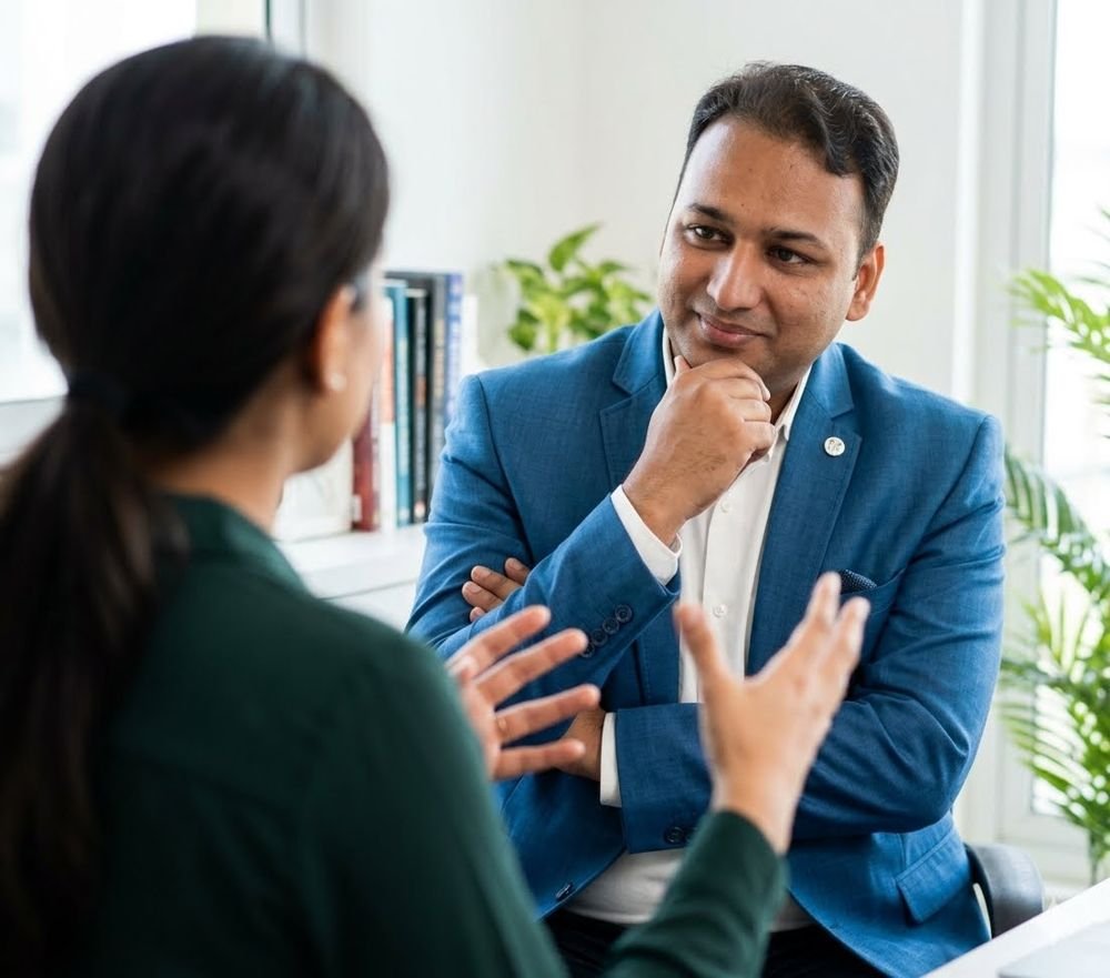 Dr. Amitabh Kumar listening during a coaching session